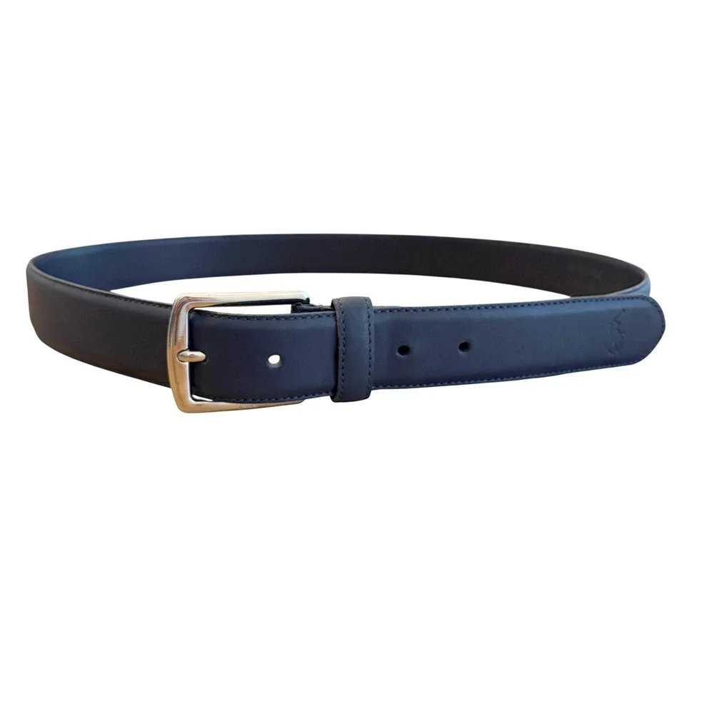 Polo Ralph Lauren Leather Belt Mens 40 Pony Logo Navy Blue Silver Buckle Preppy